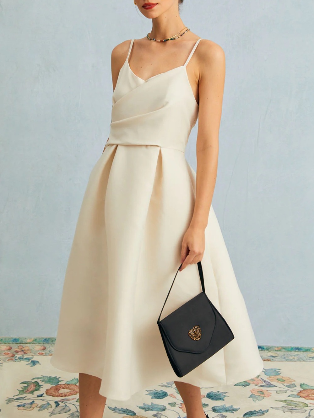Elegant Cream A-Line Midi Dress with Spaghetti Straps